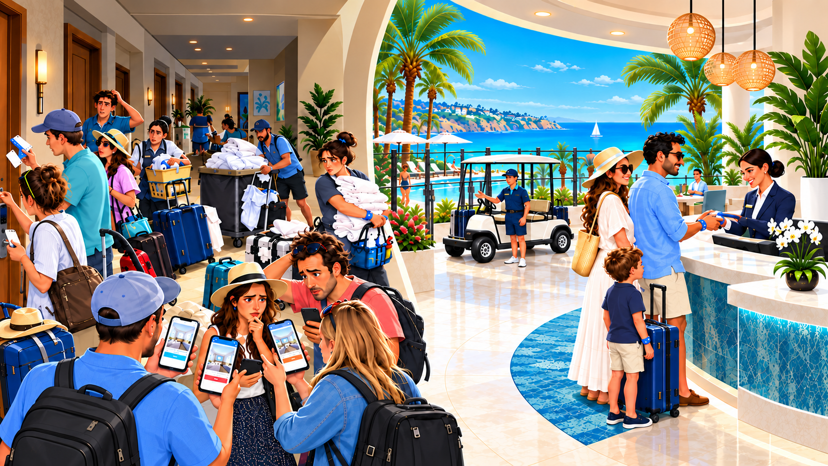 Editorial illustration contrasting one orderly resort desk with many fragmented check-in tables